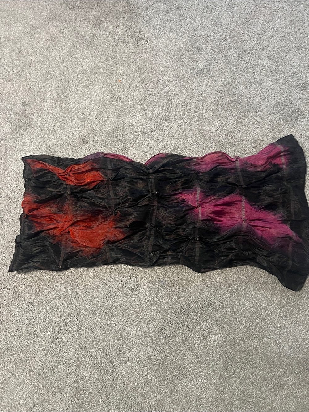 Ruched Sheer Scarf Black Fuchsia Orange Rosette Beaded Art-to-Wear 64x16